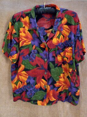 Vintage Sag Harbor Bold Floral Print 100% Rayon Blouse Small